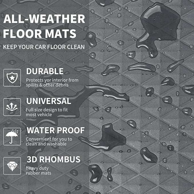 CAR PASS Gray Rubber Car Mats, All-Weather Floor Mats Full Set Durable Anti-Slip 3D Rhombus Waterproof Automotive Pad Trim to Fit Liner Universal Fit for Sedan SUV Truck Van, 4 Pcs All Gray Rubber