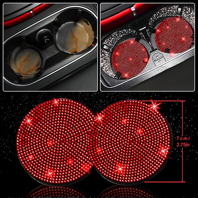 NBTEPEM 30 Pcs Red Bling Car Accessories Set for Women, Red Steering Wheel Cover Set, Bling Console Cover, Seat Belt Cushion, Shift Knob Cushion, Cup Holder Coaster, Rhinestone Car Hanging Accessories