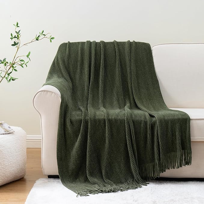 BATTILO HOME Olive Green Throw Blanket for Couch, Soft Chenille Knit Throws with Tassels for Home Decor, Green Throws for Cou