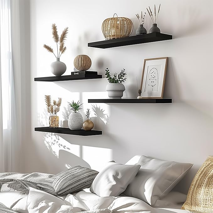 PHPH 24 Inch Wood Floating Shelves for Wall, Wooden Wall Shelves for Bedroom, Set of 6 Black