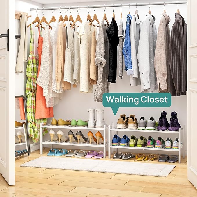viewcare White Shoe Rack for Entryway, 2 Tier Shoe Organizer for Hallway Closet, Bamboo Wood Shoe Racks for Indoor Outdoor (W