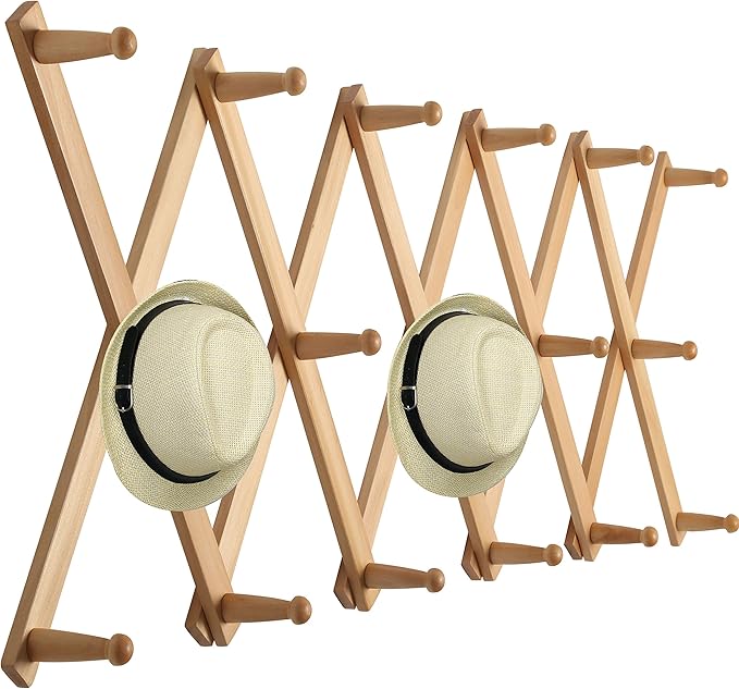 WEBI Accordion Wall Hanger,Expandable Wooden Hat Rack for Wall Mounted Coat Rack,Accordion Hat Hooks Holder for Baseball Caps
