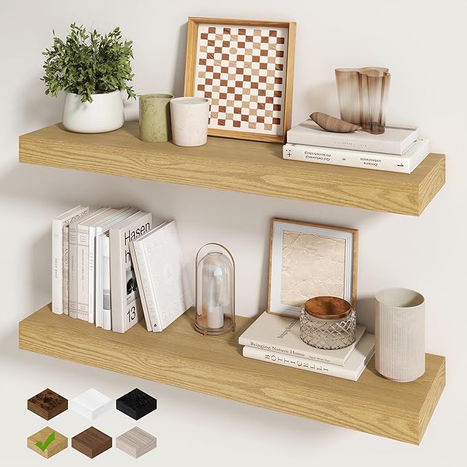 Fun Memories 30Inch Floating Shelves for Wall, 2 Pack Rustic Wood Shelves for Bathroom|Kitchen Wall Mounted Floating Shelf wi