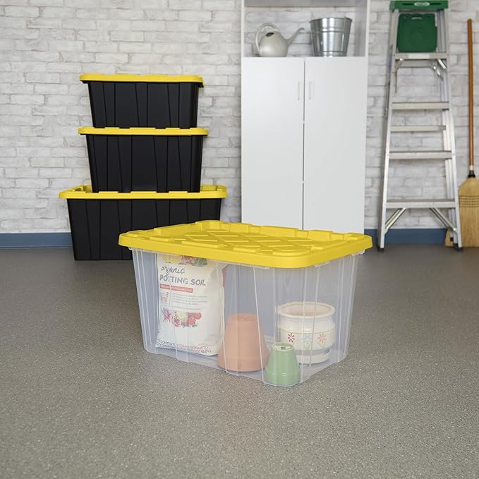 Sterilite 4-Pack Industrial Storage Box, Plastic Container Bins w/Lids, 27 Gallon, Yellow - Heavy-Duty Organizing Containers 