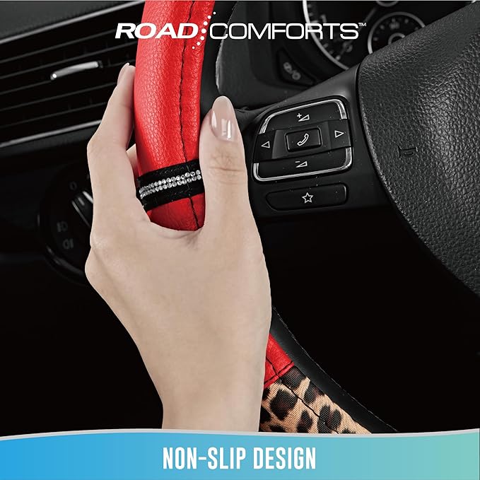 Road Comforts Leopard Steering Wheel Cover for Women, Cute Anti-Slip Microfiber Leather, Universal Fit 14.5-15 Inch Round Ste