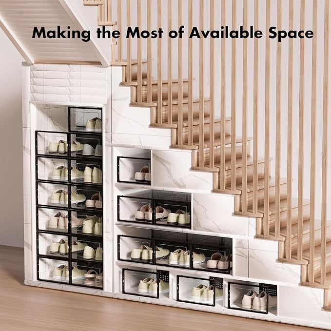 Foluck Shoe Storage Box, 15 Pack Clear Plastic Stackable Shoe Organizer for Closet, Interlocking Design for Sneakers, Foldabl