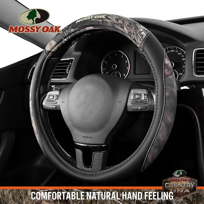 Mossy Oak Camo Steering Wheel Cover - PU Leather and Cotton Twill, Universal Fit 14 1/2 inches to 15 inches - Officially Lice