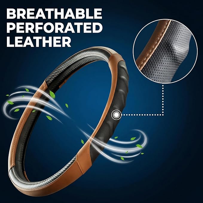 18 Inch Semi Truck Steering Wheel Cover for Freightliner Cascadia, Kenworth T680 T880, Peterbilt 579 & Volvo VNL – Heavy Duty Anti-Slip Leather Grip for Big Rig Class 8 Trucks – Brown