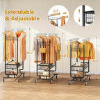 Gewudraw Heavy Duty Clothes Rack with Metal Basket, 1060 LBS Rolling Double Rod Garment Rack, Portable Extendable Clothing Ra