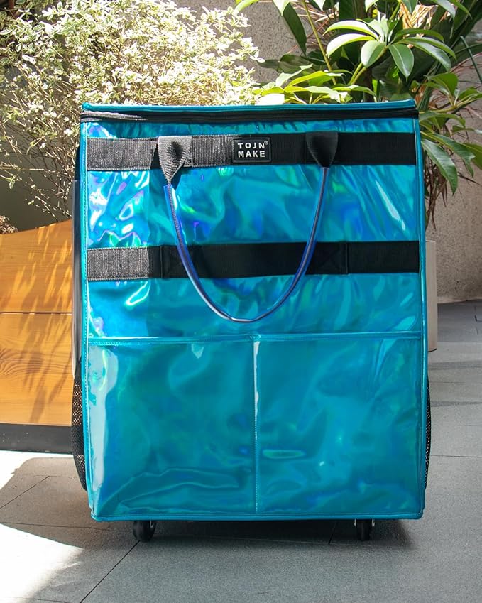 Reusable Grocery Bag with Wheels, Shopping Trolley with 8 Pockets and Zipper Cover Foldable Rolling Tote for Women, Kitchen, Travel, Carries Up to 66LBS (Large, Glitter Blue)