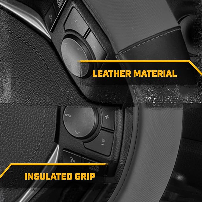 Cat® ErgoDrive Car Steering Wheel Cover with Dark Gray Grip, Black Faux Leather Steering Wheel Cover for Auto Truck Van SUV - Standard 14.5" - 15 Inches