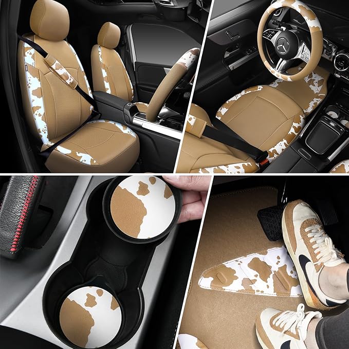 CAR PASS Cow Print Faux Leather Car Seat Covers & Cow Car Mats & Cow Steering Wheel Cover Seat Belt Pads Universal fit for SU