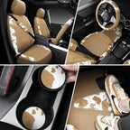 CAR PASS Cow Print Faux Leather Car Seat Covers & Cow Car Mats & Cow Steering Wheel Cover Seat Belt Pads Universal fit for SU