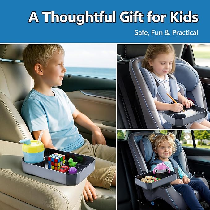 Car Seat Snack Tray for Kids Toddler Travel,Cup Holder Expander for Car,Toddler Travel & Road Trip Accessory for Mess-Free Snacking in The Car (Dark Gray)
