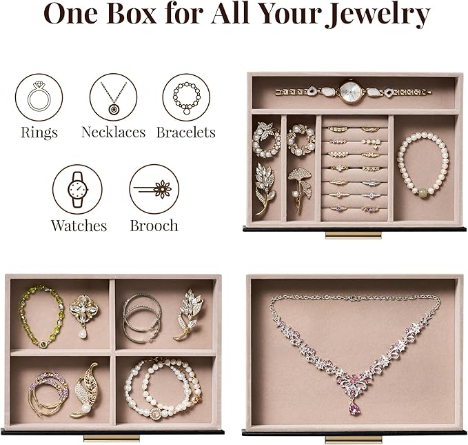 pickpiff Jewelry Box Organizer Case for Women: 3-Layer Jewelry Storage Case with Glass Window, Black Leather with Blush Velve