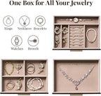 pickpiff Jewelry Box Organizer Case for Women: 3-Layer Jewelry Storage Case with Glass Window, Black Leather with Blush Velve