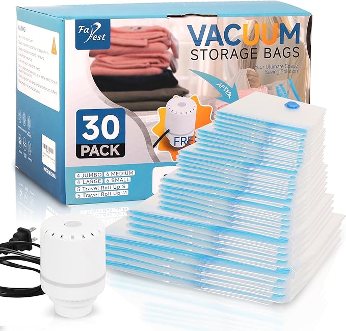 Vacuum Storage Bags with Electric Air Pump, 30 Pack Compression Bag, Space Saving Vacuum Sealer Bags for Clothes, Blanket, Du