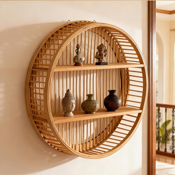 Vintiquewise Round Bamboo Wall Shelf with 2 Wooden Tiers – Natural Hanging Wall Decor and Floating Display Rack Accent for Mo