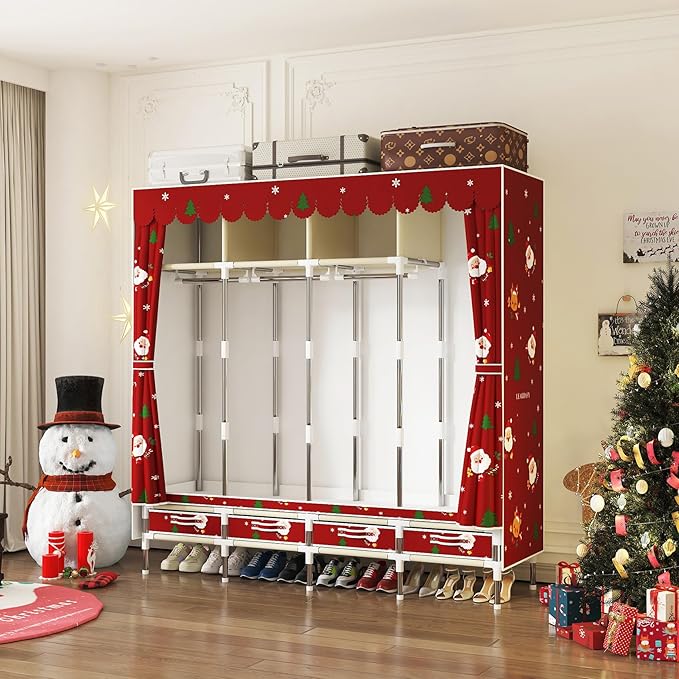 Portable Wardrobe with 4 Drawers Simple Temporary Wardrobe, Armario Portátil,New Oxford Cloth, Christmas Style (Christmas Col