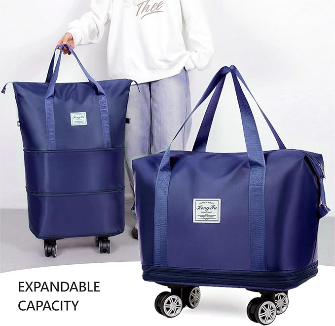 Expandable Foldable Duffel Bag with Detachable Rolling Wheels, Large Carry-On Luggage for Travel, Gym, Camping, Shopping, Business Trip (Blue)