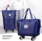 Expandable Foldable Duffel Bag with Detachable Rolling Wheels, Large Carry-On Luggage for Travel, Gym, Camping, Shopping, Business Trip (Blue)