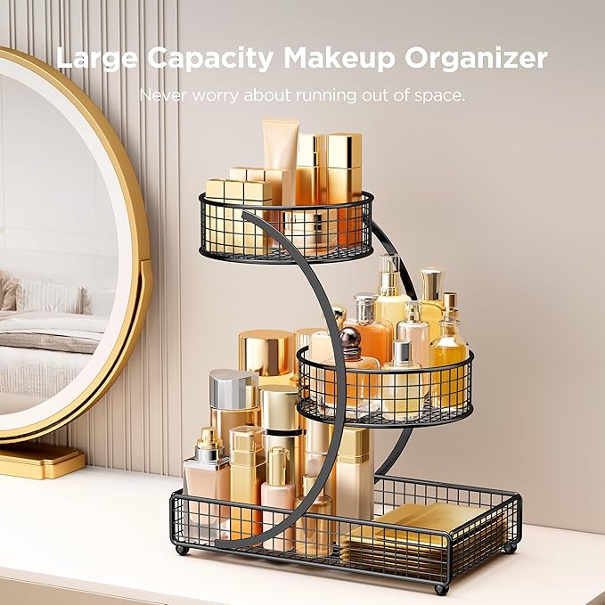 HBlife Makeup Organizer for Vanity, 3 Tier Metal Bathroom Countertop Organizers Skin Care Storage, Bathroom Counter Shelf Ski