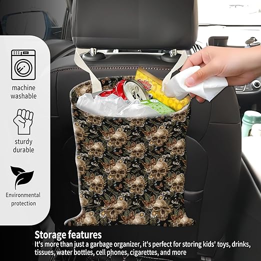 Car Garbage Can, Seat Back Hanging Cute Car Trash Can Bag, Car Organizer and Storage Bag for Travelling, Outdoor Vintage Floral Butterfly Skull