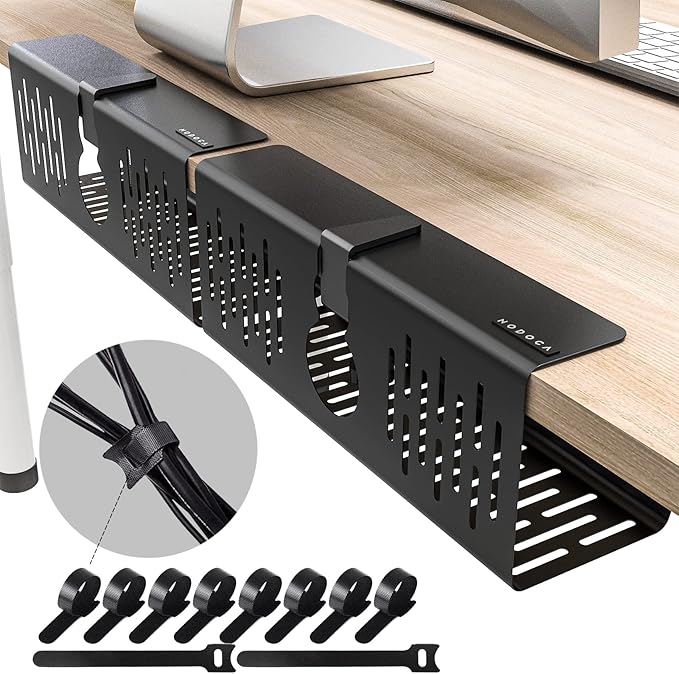 NODOCA No Drill Under Desk Cable Management Tray, 14'' Wire Management, Punch-Free Clamp on, Metal Cable Tray, Wire Organizer