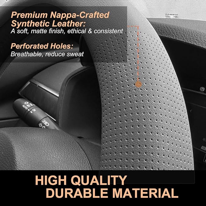 PINCTROT D Shaped Nappa Leather Steering Wheel Cover, Slim Fit No Bulk Design, One Piece Leather with Breathable Perforation,