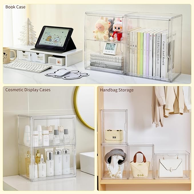 Acrylic Display Case with Removable Shelf, 2 Tier Clear Plastic Stackable Storage Bins with Magnetic Lids, Figure Display Cas