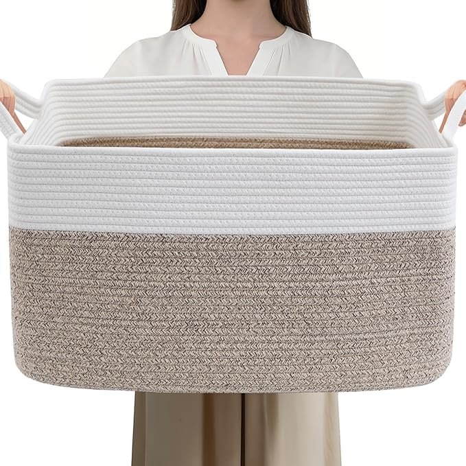 96L Large Blanket Basket,24"x16"x15"Rectangle Storage Bin with Handles,Woven Rope Laundry Basket for Toys, Clothes,Magazines,