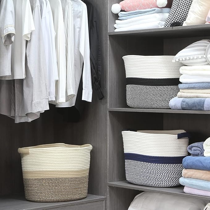 Hinwo Oval Cotton Rope Storage Basket Collapsible Nursery Storage Box Container Organizer with Handles, 16 x 13 inches, Off W