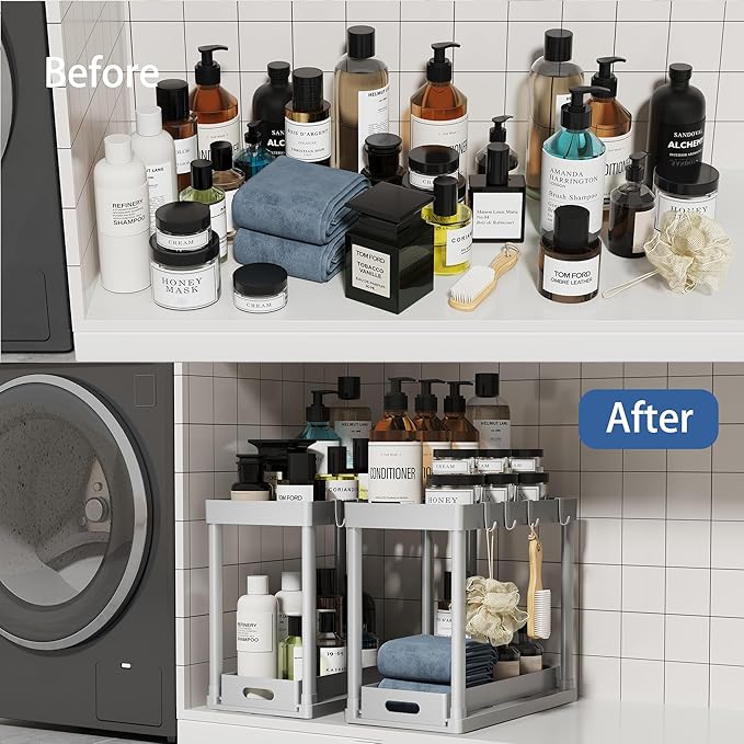 2PC Under Sink Organizer Rack 2 Tier Under Sliding Cabinet Basket Organizer Drawer with 4 Hooks, Multi-purpose Under Sink Sto