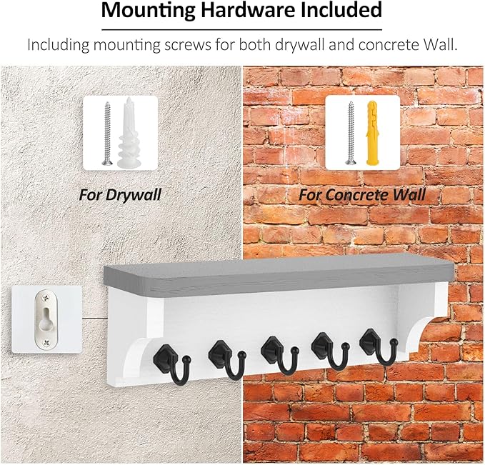 Nekon Key Holder for Wall, 11.8" W x 3.5" H x 2.8" D Decorative Key Organizer with Floating Shelf, Wall Mount Key Rack with 5