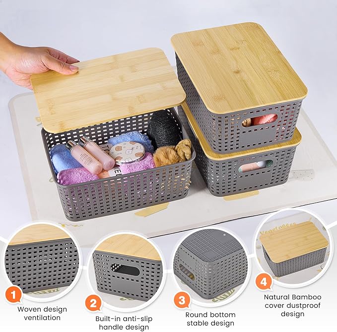 Plastic Storage Baskets With Bamboo Lid - Plastic Storage Containers Stackable Storage bins: Storage Baskets for Organizing S