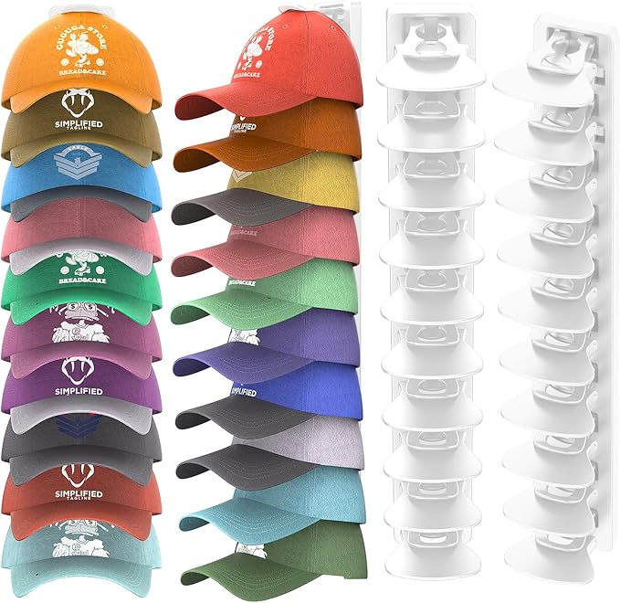 Hat Organizer for Baseball Caps Hold Up to 40 Hats, 2 Pack Hat Rack for Wall, Strong Adhesive Hat Storage Display Holder(Whit