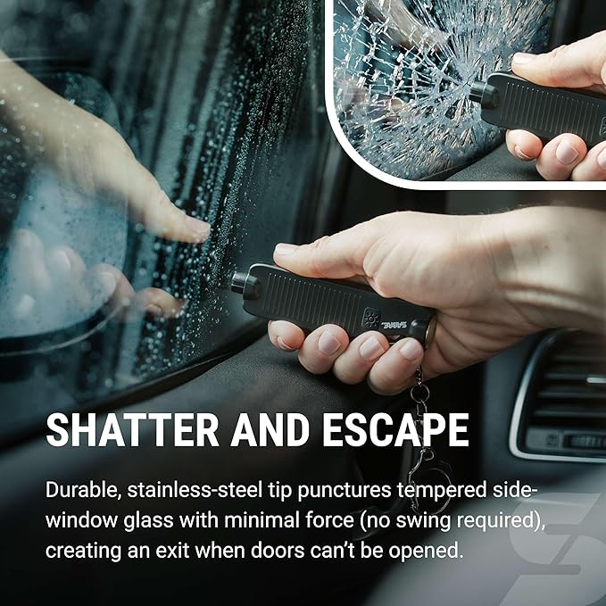 Sabre Safe Escape™ 3-in-1 Car Escape Tool for Car Safety with Spring-Loaded Window Breaker, No Swing Required, Seat Belt Cutt