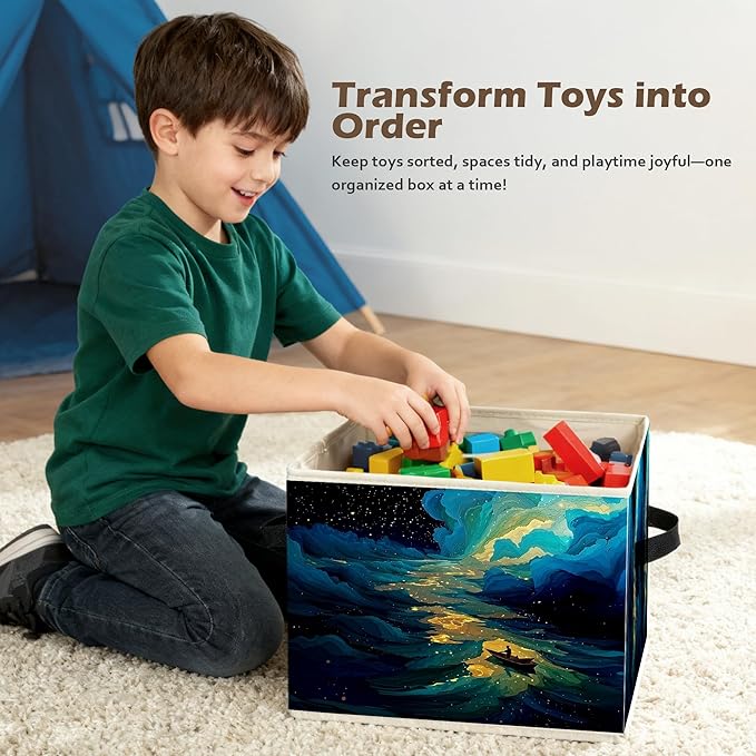 Dreamy Starry Sky Night Storage Box Bins, Blue Fantasy Galaxy River Boating Collapsible Storage Basket Organizer for Bedroom 