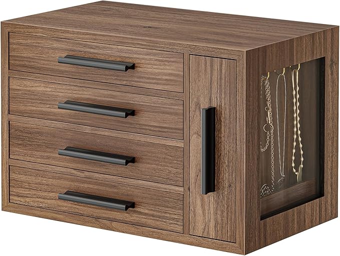 HOOBRO Jewelry Box for Women, Wooden Jewelry Organizer with Transparent Window, 4-Layer Jewelry Organizer Box, Jewelry Holder
