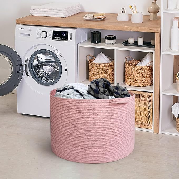 MEGASKET Extra Large Pink Basket, 22"x22"x14" Woven Cotton Rope Bin with Handles, Blanket Storage for Living Room, Baby Kids 