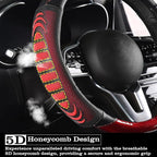 5D Honeycomb Black Red Car Steering Wheel Cover,14.5-15 Inch Universal Carbon Fibre Leather Covers Breathable Anti-Slip Odorl