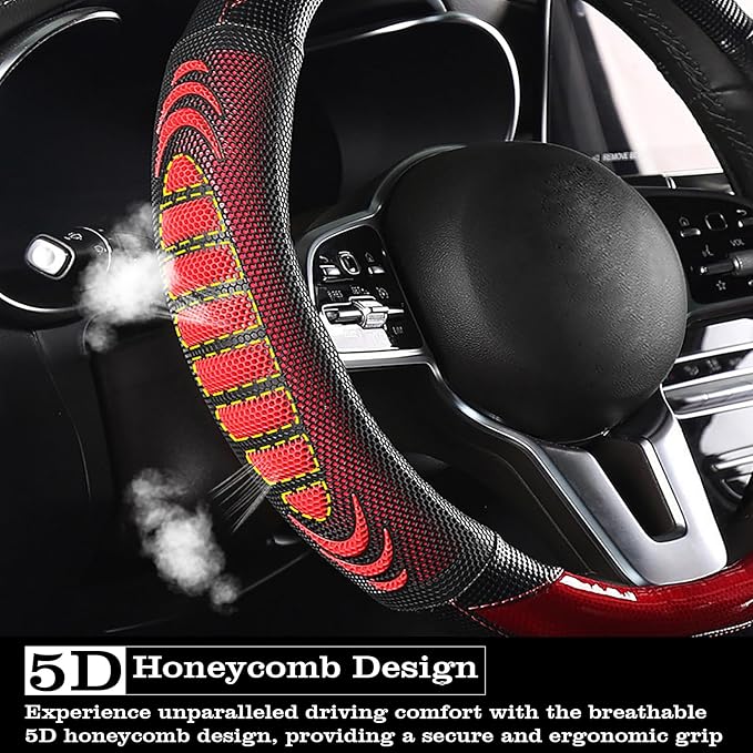 5D Honeycomb Black Red Car Steering Wheel Cover,14.5-15 Inch Universal Carbon Fibre Leather Covers Breathable Anti-Slip Odorl