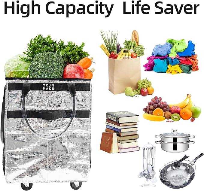 Reusable Grocery Bag On Wheels, Shopping Cart, Rolling Tote with 8 Pockets and Zipper Cover, Foldable, Heavy Duty Handles, Carries Up to 46 LBS (Medium, Silver)