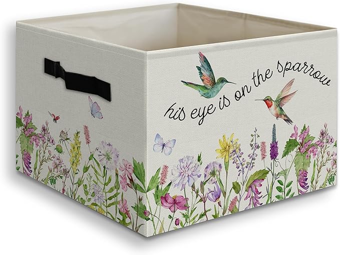 Wildflower Hummingbird Christian Foldable Storage Bins Box with Handles, His Eye Is on the Sparrow Religious Collapsible Orga