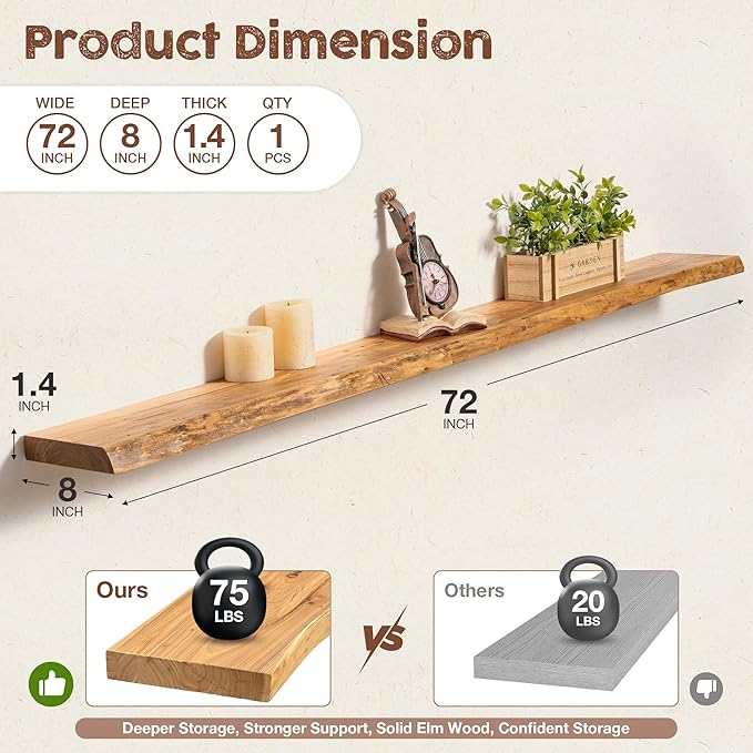 fuqing Live Edge Floating Shelves for Wall 72 inch, 8 Inch Deep Solid Elm Wood Floating Wall Shelves - Rustic Wooden Shelves 