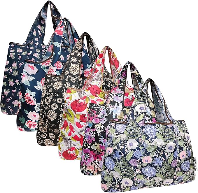 allydrew Large Foldable Tote Nylon Reusable Grocery Bags, 6 Pack