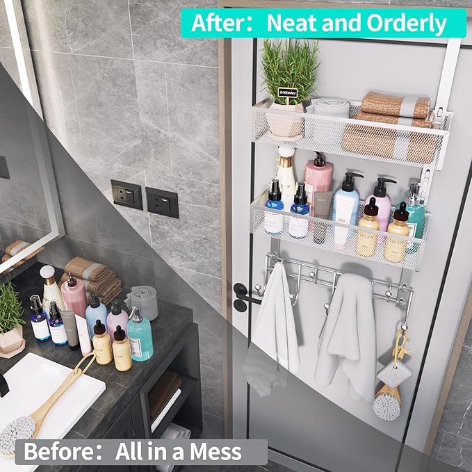 HapiRm Over The Door Hanger with Coat Hooks and 2 Baskets, Rustproof & Waterproof Over The Door Hooks, Storage Organizer for 