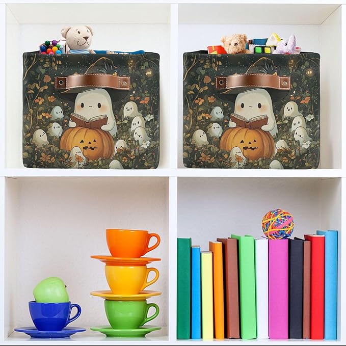 xigua Cute Ghost Wearing Witch Hat Storage Basket Foldable Storage Bin, Canvas Rectangular Storage Basket with Leather Handle
