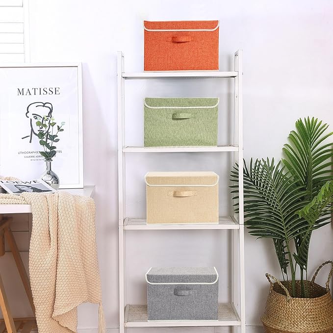 Storage Bins with Lid, Foldable Clothing Storage Box case with Handle for Books, Closet, Bedroom, Home, 4 Color Set A, 15L x 