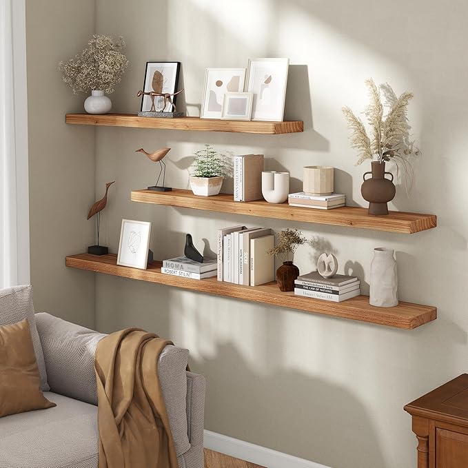 Fun Memories 48 Inch Floating Shelves for Wall, Solid Elm Wood Wall Shelf for Home Decor, Heavy-Duty Hardwood Floating Shelf 